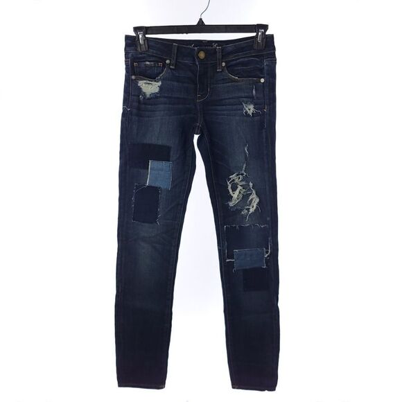 American Eagle Women's Size 4 Blue Distressed Patchwork Skinny Stretch Jeans